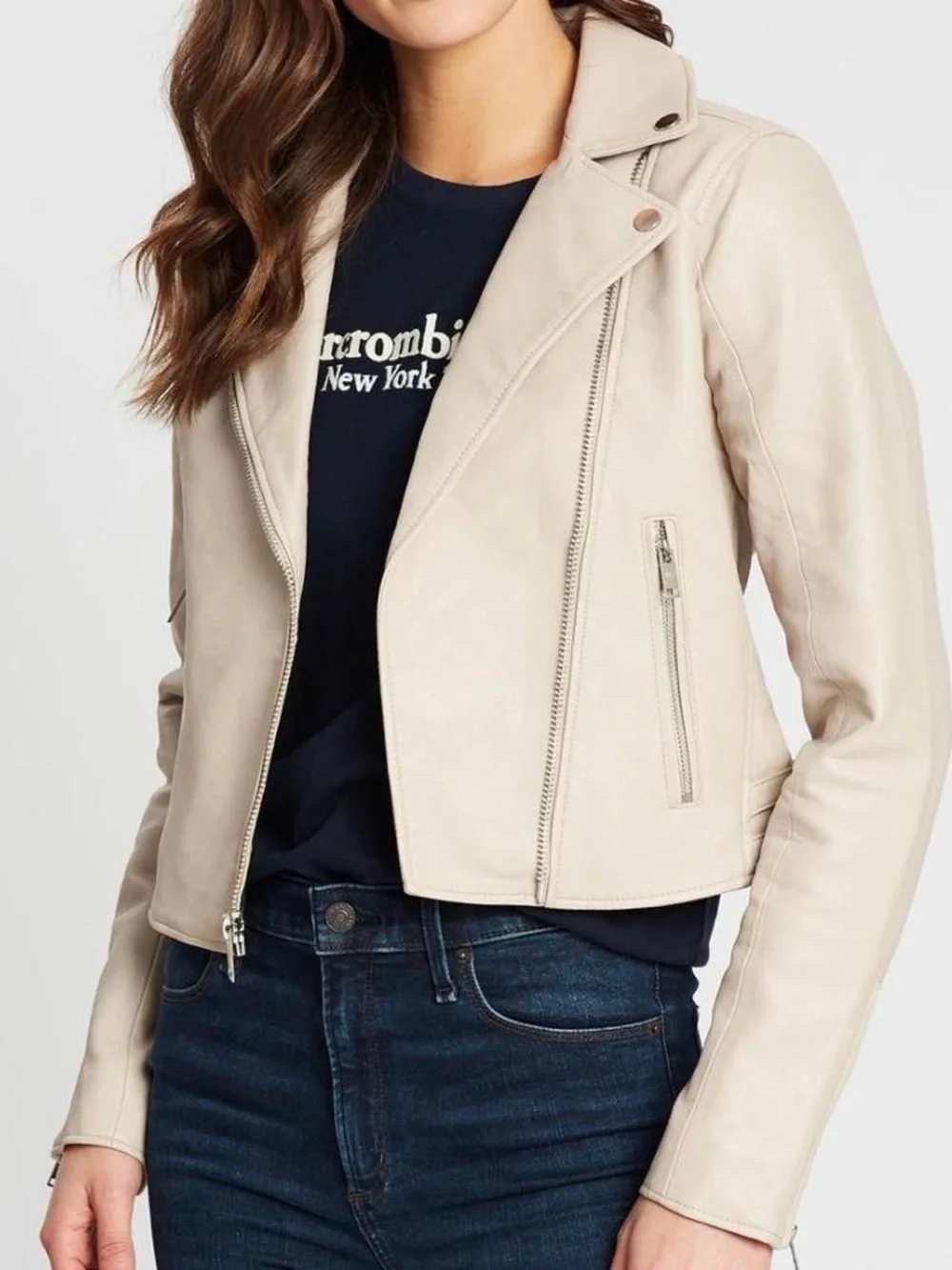 Abercrombie & Fitch Light Beige Moto Jacket with Silver Hardware